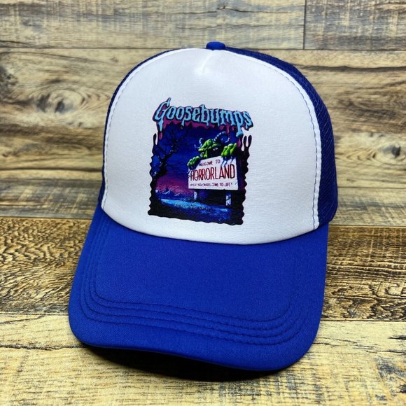 Goosebumps R.L. Stine Mens Trucker Hat Blue Snapback Horrorland 90s Baseball Cap - Picture 1 of 8